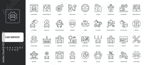 Oil check and change, engine thin black outline symbols vector illustration. Car maintenance and repair service, diagnostics work, tools of technician, spare vehicles parts line icon set.