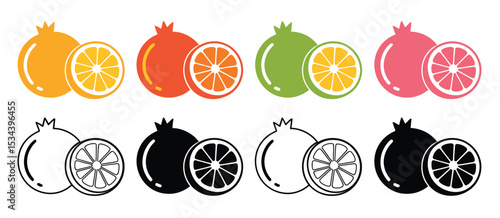 Colorful pomegranate and orange fruit icons