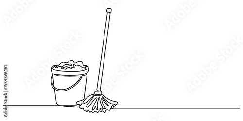 Continuous one line drawing of mop and bucket. Cleaning concept. Simple vector illustration, Single line draw design vector graphic illustration. Cleaning tools one line colored continuous drawing. 