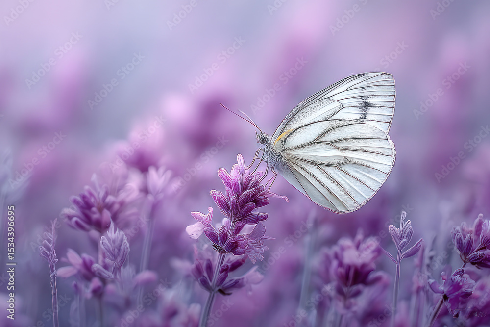 White butterfly rests on vibrant lavender flowers, capturing the tranquility of a calm morning in a garden White butterfly rests on vibrant lavender flowers, capturing the tranquility of a calm morning in a garden