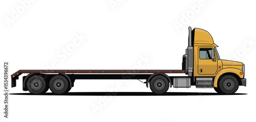 Yellow flatbed semi truck side view illustration