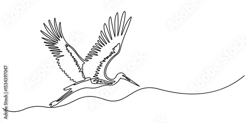 Heron stork single continuous one line out line vector art drawing on white background, Continuous one single minimal line drawing Cranes, Stork bird continuous one line drawing minimalism design.