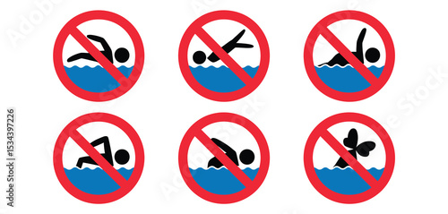 No swimming prohibition signs set illustration