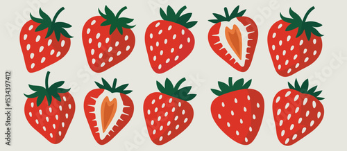 Ten red strawberries flat lay illustration