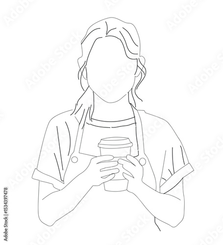 Woman wearing apron. Barista holding coffee cup, serving coffee to customer. 