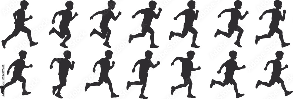 Naklejka premium Dynamic Male Athlete Running Silhouettes Collection, Young Man in Various Sprinting and Jogging Poses, Energetic Sport and Fitness Vector Graphics for Active Lifestyle Designs.