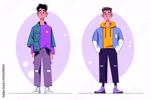 Young Fashion Forward: Two stylish young men in modern outfits, posing with confident attitudes and individualistic expressions in a vibrant studio illustration.