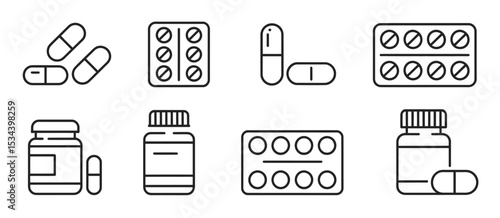 Medicine icons pills capsules tablets bottles