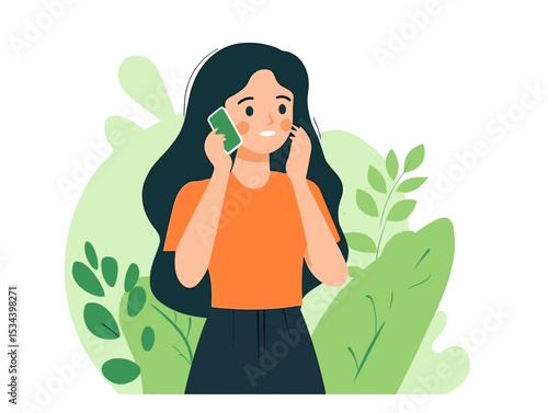 Girl on Phone: A young girl, immersed in conversation, smiles warmly while engaging in a call with a smart phone, captured in a colorful illustration style.