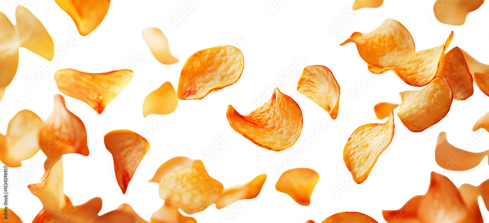Crispy potato chips floating in a dark space, a tempting snack concept Crispy potato chips floating in a dark space, a tempting snack concept