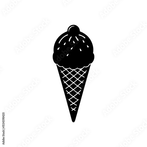Stylized Black and White Ice Cream Cone Illustration A Sweet Treat with a Classic Design and Simple Lines