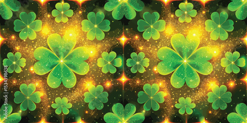 Vibrant green clovers with gold sparkles in a magical pattern.