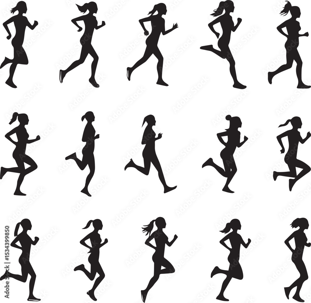Fototapeta premium silhouettes of girls running black and white vector illustration 