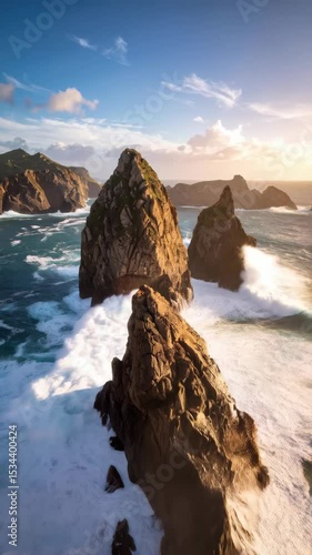 Wallpaper Mural Dramatic coastal seascape with rocky outcrops, crashing waves, and clear blue sky in a serene natural setting featuring geological formations. Torontodigital.ca