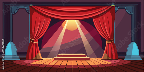 Cartoon illustration of a theater stage with red curtains and dramatic lighting