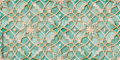 Intricate teal and gold geometric tile pattern design.