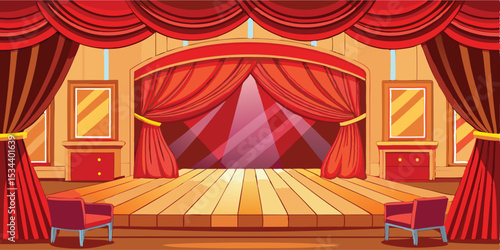Cartoon illustration of a theatre stage with red curtains and wooden floor