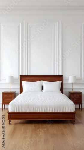 Elegant Bedroom Interior Featuring a Wooden Bed Frame and White Bedding with Nightstands and Lamps.