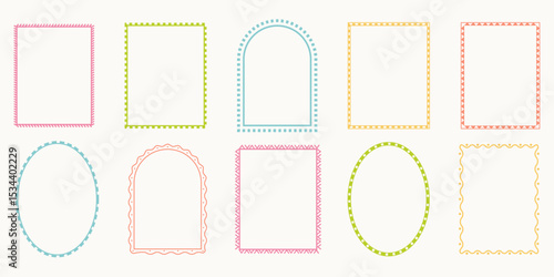 Hand drawn decorative frame set. Sketch-style borders in square, oval, and arched shapes. Doodle geometric, scalloped, and wavy line frames. Minimalist frames for posters, invitations, weddings.