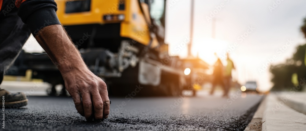 Road worker smoothing asphalt with hand during road construction at sunset Concept of infrastructure, manual labor, and roadworks Road worker smoothing asphalt with hand during road construction at sunset Concept of infrastructure, manual labor, and roadworks
