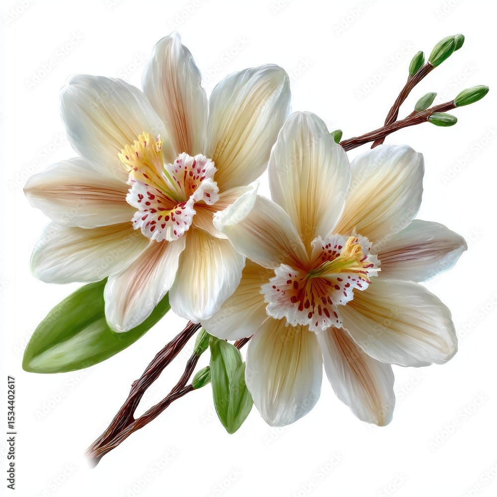 Fototapeta premium Vanilla flower with delicate pale yellow petals and central orchid structure, isolated on white background, botanical illustration for food, cosmetics, or natural wellness concept