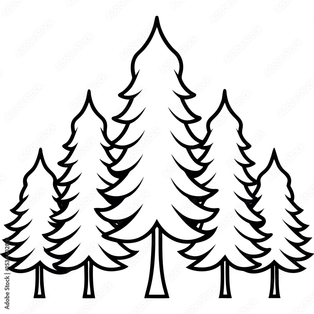 Obraz premium Black Line Art Cedar Trees Forest Growth Illustration