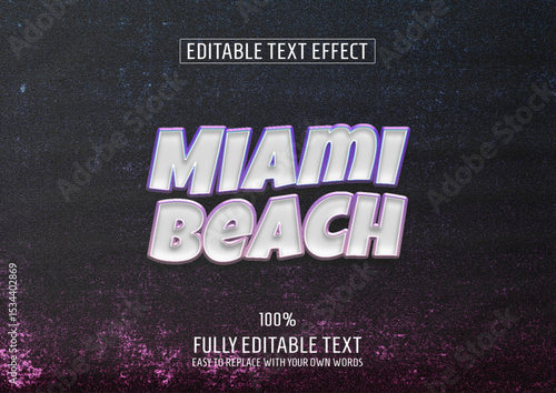 A "Miami Beach" editable text effect in a bold, 80s retro style with a vibrant purple and pink neon glow PSD.