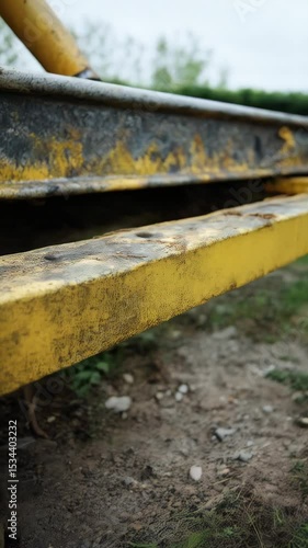 Wallpaper Mural Close-up shot of yellow rusted agricultural machinery on a dirt path with green grass, wheels and metal on cloudy day. Torontodigital.ca