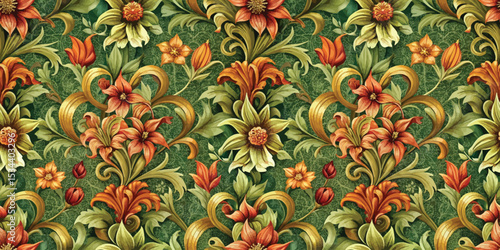 Vibrant floral wallpaper design featuring intricate patterns in orange and green hues.