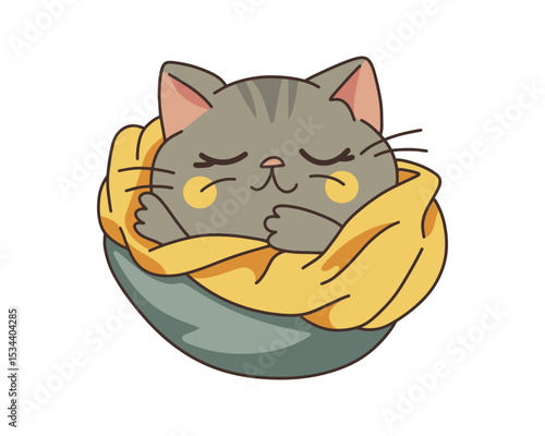 Adorable Cartoon Cat Snuggling in a Basket for a Cozy and Comforting Home Theme Illustration. Vector illustration