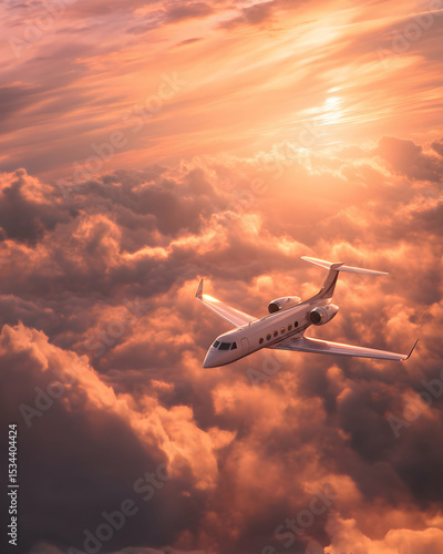 A luxury private jet flying through clouds at sunset   -