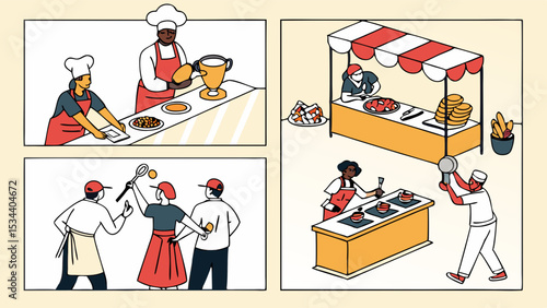 Chefs cooking and competing in a culinary competition, food market, and catering event with professional cooks.