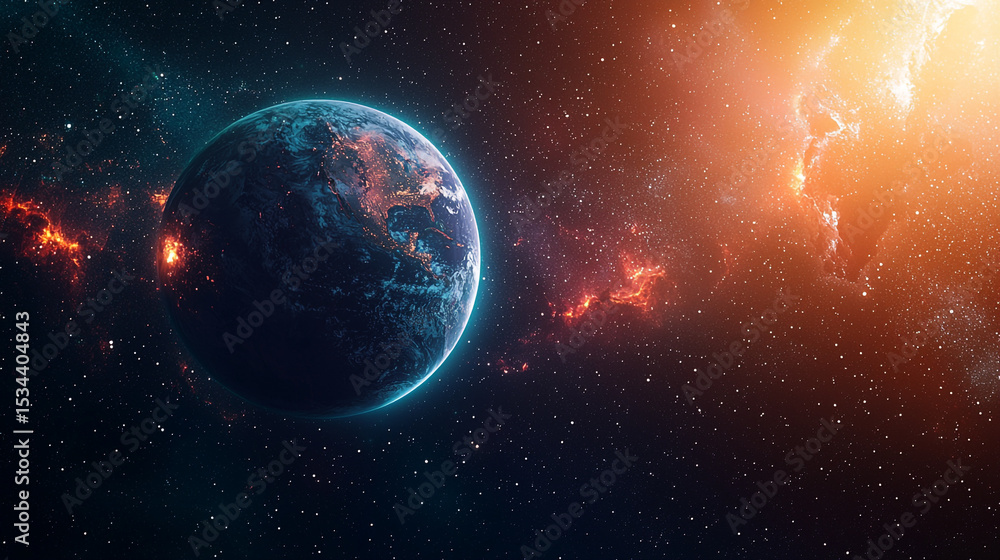 Fototapeta premium A planet with a bright glow in the distance surrounded by stars and nebulous space clouds