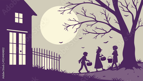 Halloween night trick or treating kids. Children in costumes walk past a spooky house under a full moon.