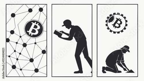 Bitcoin Mining and Cryptocurrency Investment Concept with Blockchain Network Technology Illustration.