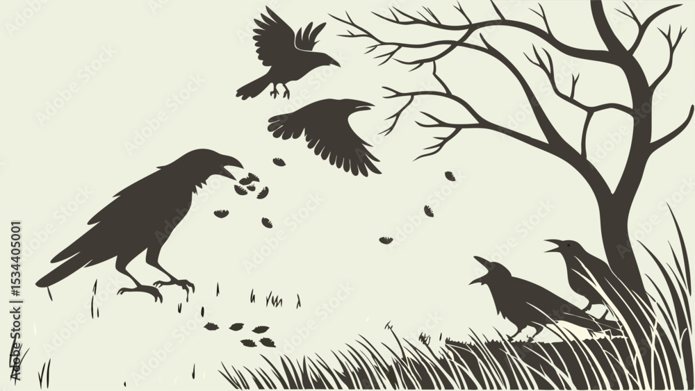 Fototapeta premium Black crows flying and standing around a bare tree in a field, nature silhouette vector illustration.