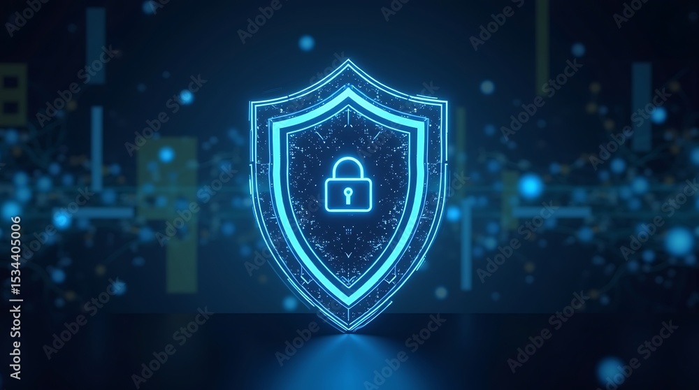 Fototapeta premium Digital protection concept: Glowing grid and abstract tech elements form a modern cybersecurity shield with central space.