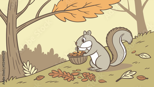 Cute autumn squirrel collecting nuts in a basket. Fall season forest wildlife animal preparing for winter. Nature illustration.