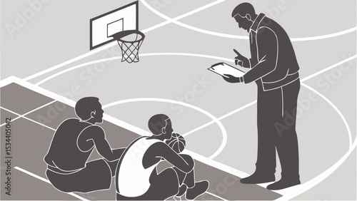 Basketball coach teaching players on court. Male athletes learning team strategy and sport training. Education and mentorship.