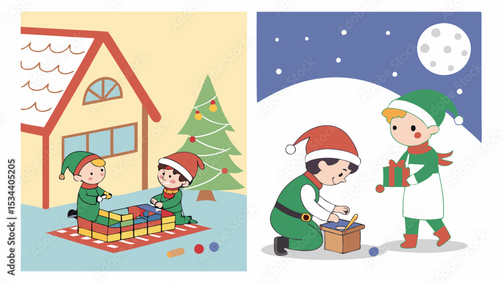 Cute Christmas elves playing with toys and preparing gifts for the holiday season. Happy kids making presents for winter celebration Cute Christmas elves playing with toys and preparing gifts for the holiday season. Happy kids making presents for winter celebration