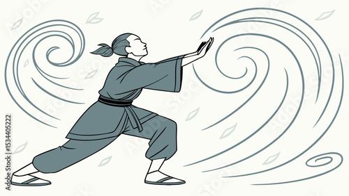 Person in powerful martial arts pose manipulating wind. Air element control, energy, and spiritual strength illustration.