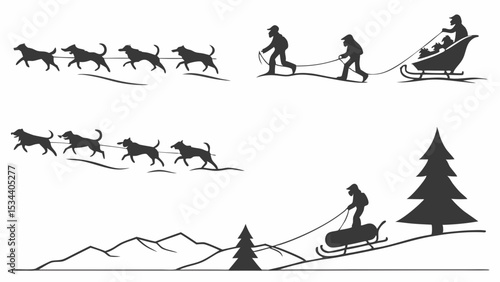 Winter sledding, dog sledding, and people pulling sleighs on snowy mountains. Outdoor winter sports adventure silhouette.