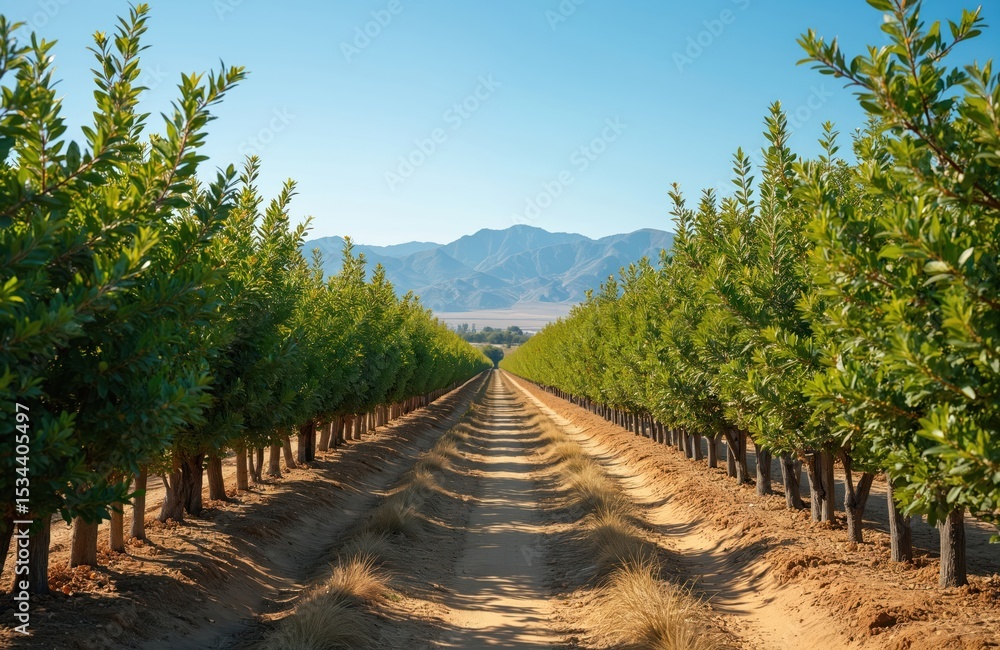 Fototapeta premium Row young green trees grow in orchard. Dirt road leads to mountains under clear blue sky. Agriculture, farming in rural California. Nature scenic landscape.
