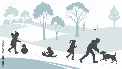 Winter park scene with family and children playing in snow. People walking dog, kids sledding and enjoying outdoor fun.