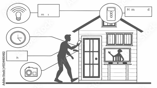 Smart home automation and control. Man using smartphone for modern house technology. Internet of Things IoT concept.