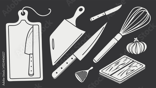 Kitchen tools and cooking utensils. Vector outline illustration of chef knives, cutting boards, whisk, and food preparation items.
