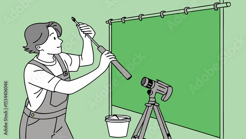 Woman setting up green screen studio with camera for video production, film making, and content creation.