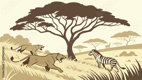 African wildlife hunting scene. Lionesses chasing zebra on savanna. Predator prey animals illustration.