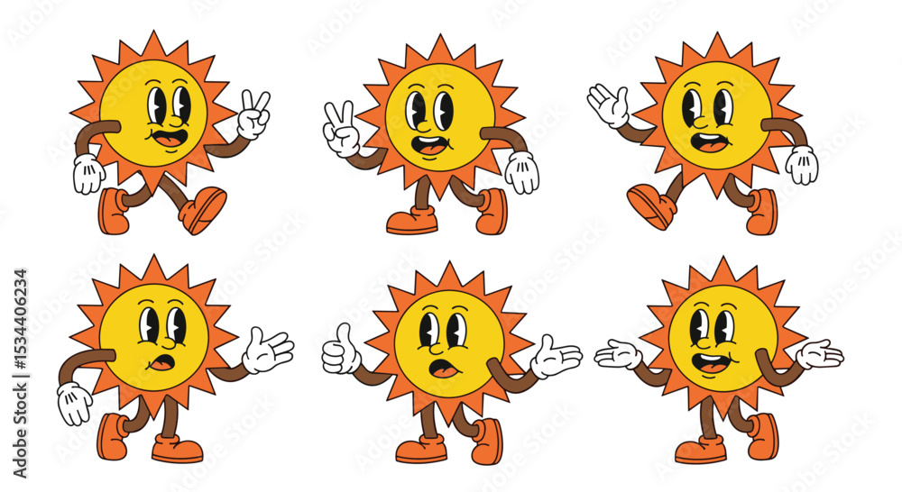Fototapeta premium Happy Retro Cartoon Sun Character Expressing Joy and Playfulness with Dynamic Poses