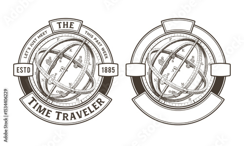 round steampunk themed vintage label, badge, logo or design element with armillary sphere, plain and with text as an example of use